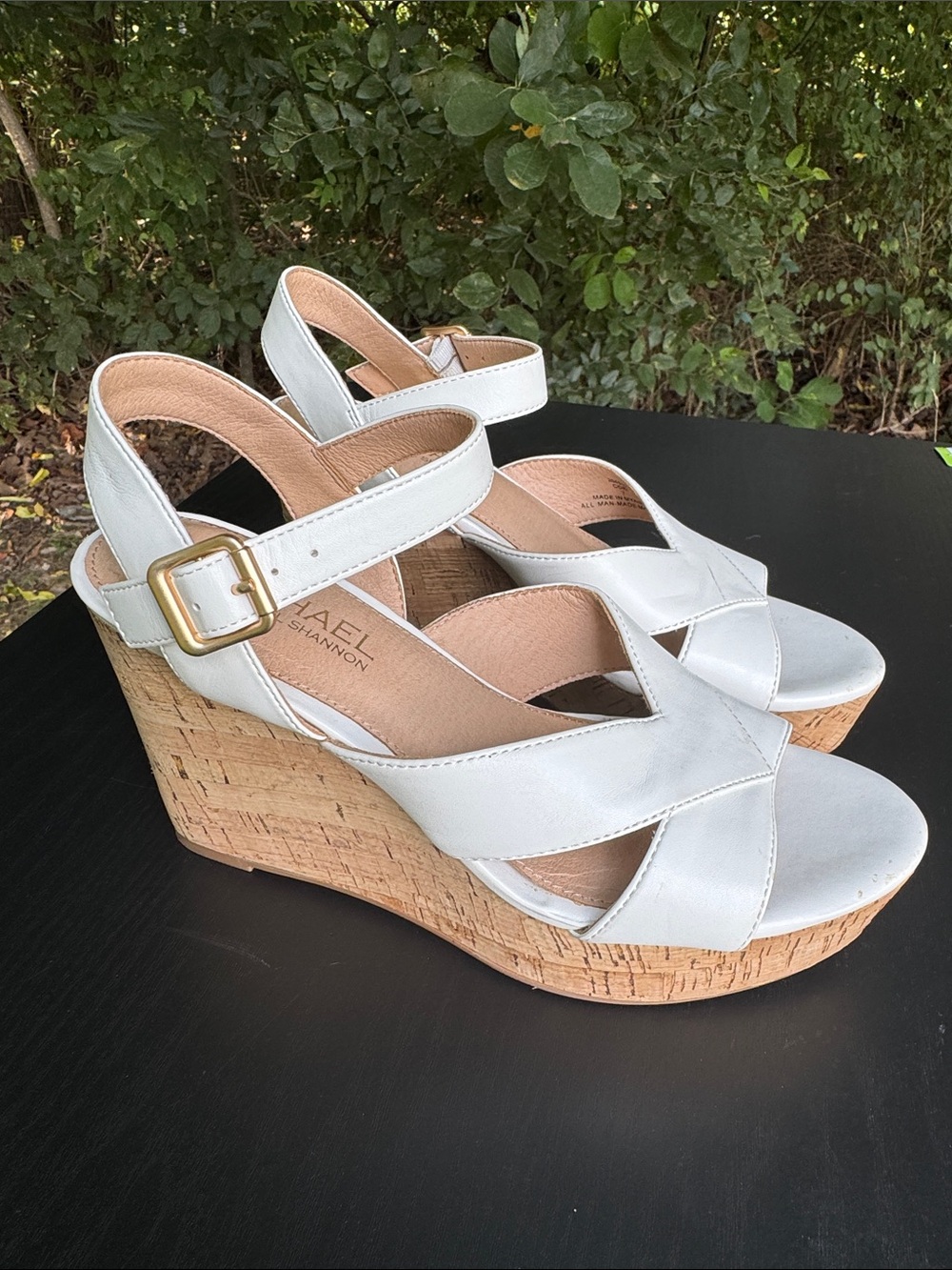 Michael Shannon White Cork Wedge Sandals
